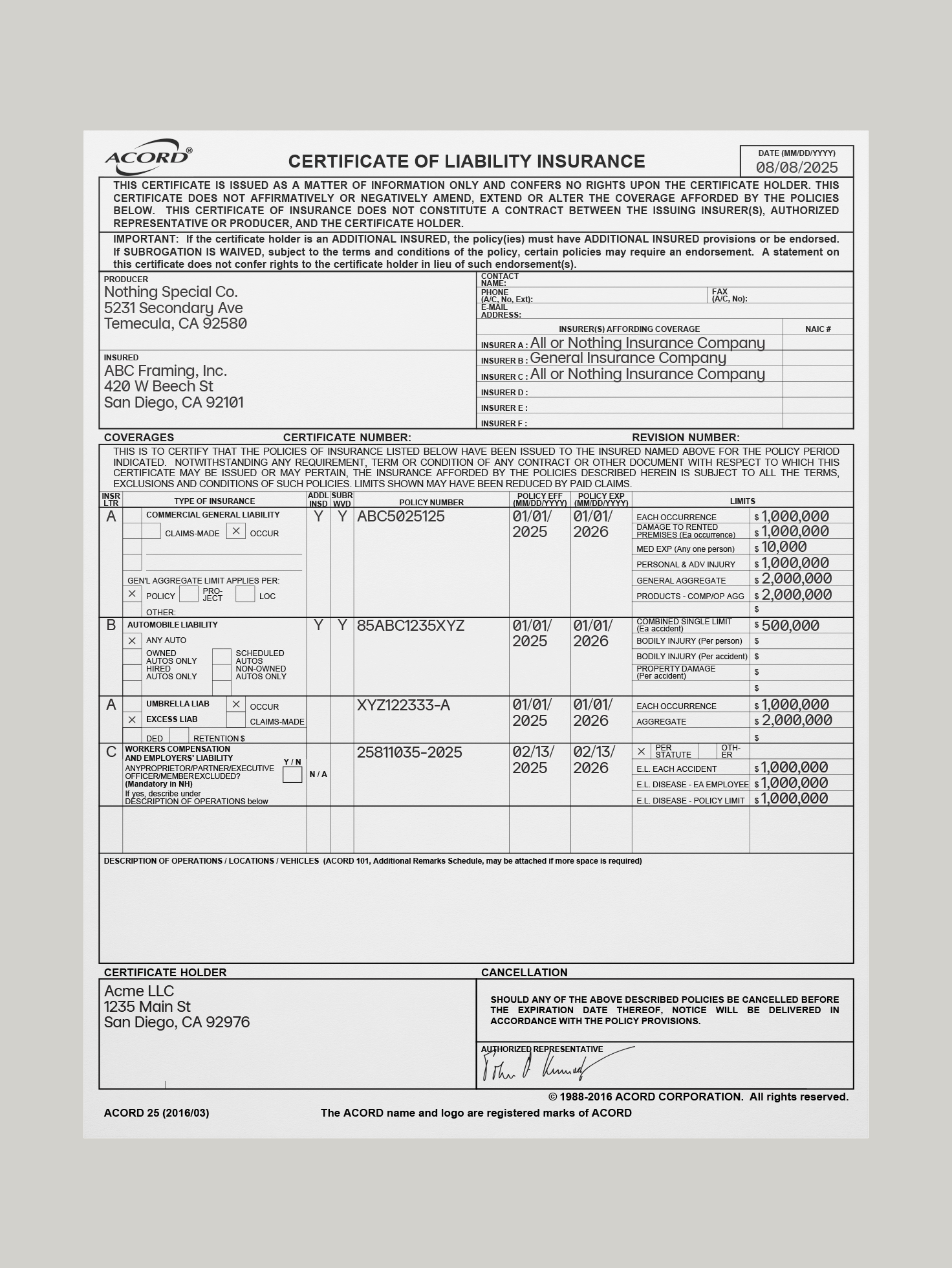 Certificate of Insurance (COI) sample