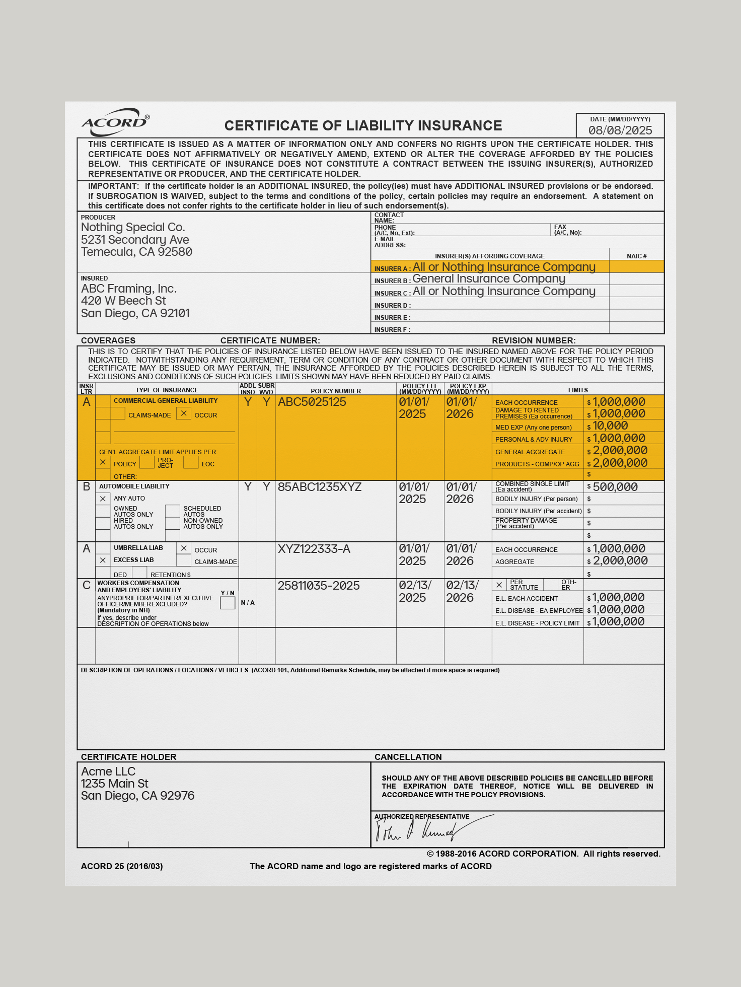 Commercial general liability in COI