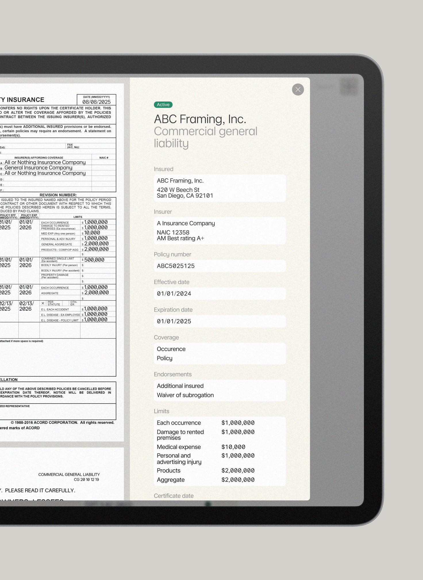Collect COIs and monitor insurance policies on Area