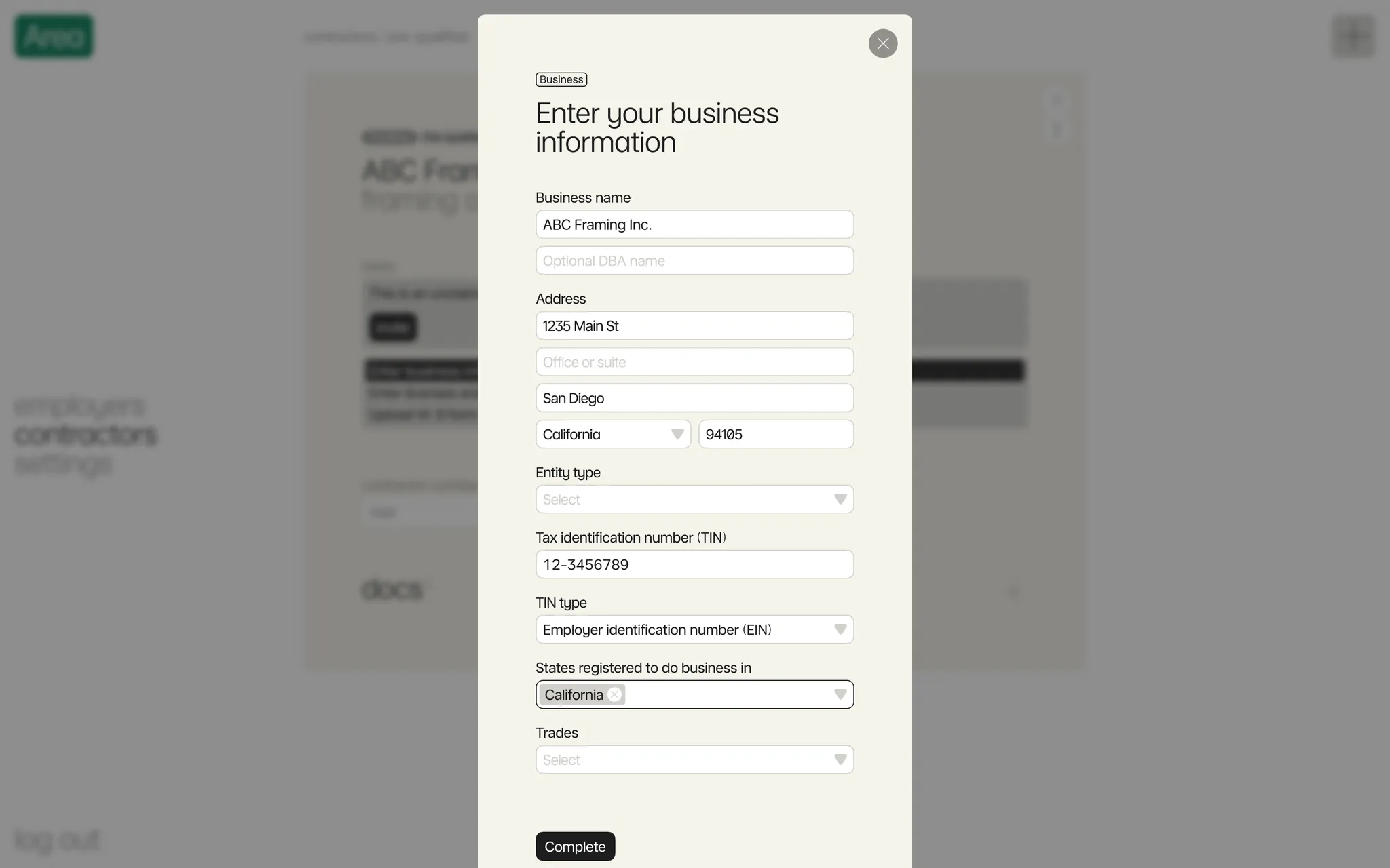 Enter business inforamtion form